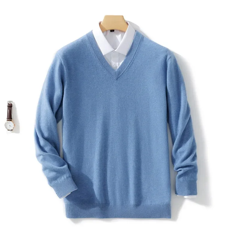 Soft Cashmere Sweater Men's Clothing Autumn Winter Pullover Business Casual Bottom V-neck Knitted Woolen Slim Fit Knitwear Male - Image 7
