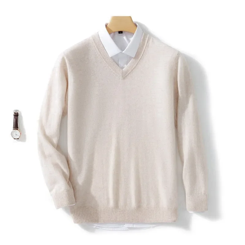 Soft Cashmere Sweater Men's Clothing Autumn Winter Pullover Business Casual Bottom V-neck Knitted Woolen Slim Fit Knitwear Male - Image 8