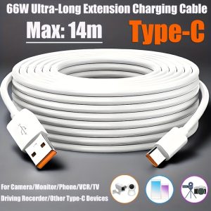 MAX 14m USB to Type C 66W 6A Fast Charging Cable for Samsung Xiaomi Redmi for OPPO VIVO Oneplus USB C Ultra-Long Extension Power Cord for Camera Monitor Driving Recorder Projector for VCR TV Power Bank Mini Fan USB Type-C Devices Charge Line
