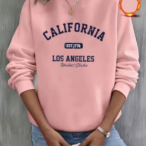 Women's Vintage California Graphic Crewneck Sweatshirt - White with Navy Blue "CALIFORNIA EST.1776 LOS ANGELES U.S.A." Print, y Casual Pullover, Machine Washable All-Season Comfort, Everyday Apparel, City State Apparel, Durable Fabric, Easycare Clothing, Weekend Attire, Retro Style, Soft Material, Pullover Top, Fashion Enthusiasts