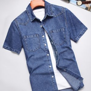 Men's Slim-Fit Light Blue Washed Soft Denim Shirt - Non-Stretch Heavyweight Casual Button- Collar Long Sleeve, Machine Washable Solid Blue for Spring/Autumn, Versatile for Casual & Semi-Formal Outfits