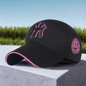 Unisex Adjustable Lightweight Baseball Cap - Embroidered NY Logo & 3D Embroidery, Black with Pink Accents, Casual Outdoor Sports Hat for Men & Women, Couple Matching Sun Hat, Quality Embroidery