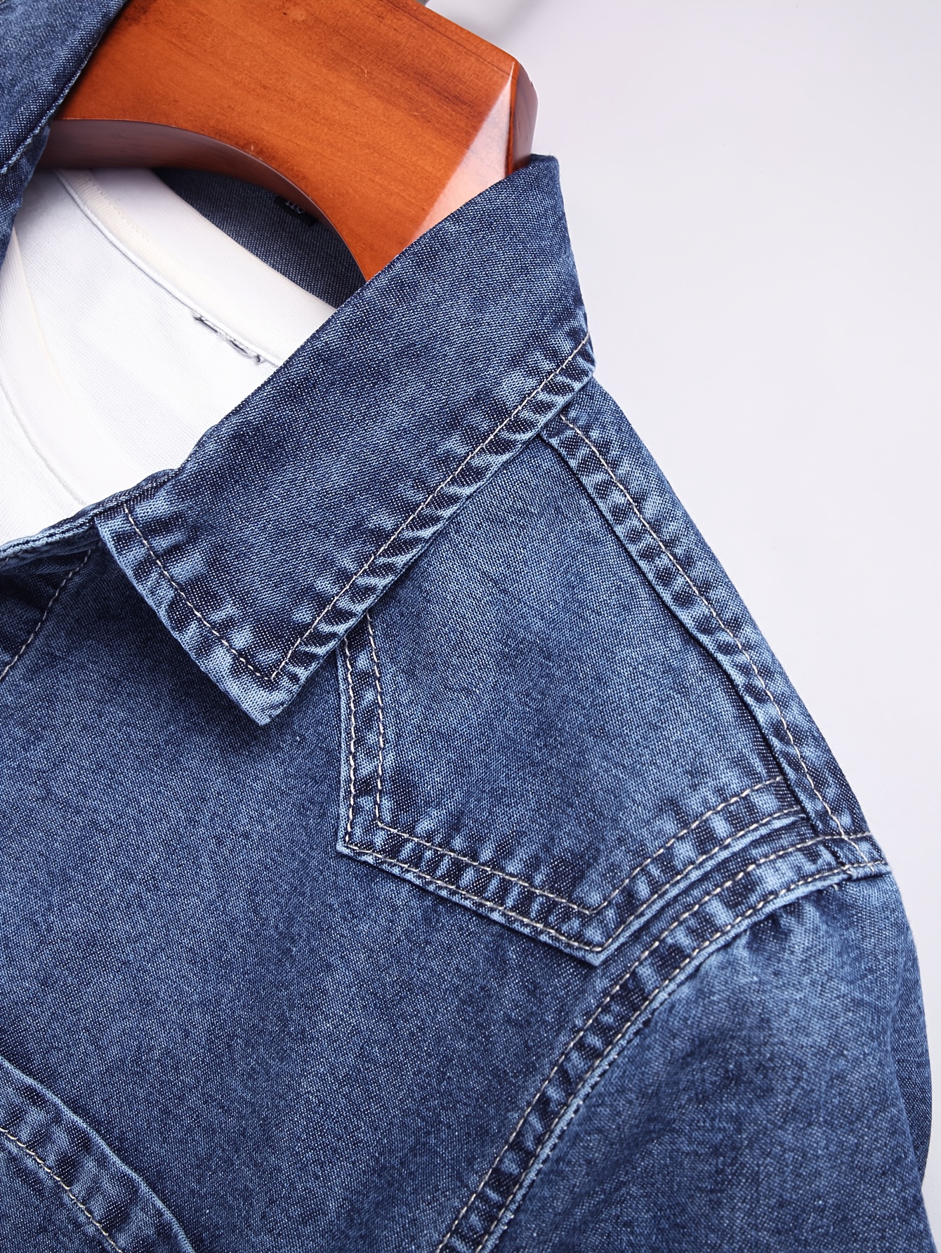 Men's Slim-Fit Light Blue Washed Soft Denim Shirt - Non-Stretch Heavyweight Casual Button- Collar Long Sleeve, Machine Washable Solid Blue for Spring/Autumn, Versatile for Casual & Semi-Formal Outfits - Image 5