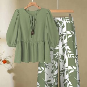 [Casual T-Shirt Pants] Spring/Summer Solid Color Round Neck Tie-Belt Half-Open Front Short Sleeve Plant Stripe Print Straight-Leg Casual Comfortable T-Shirt Pants Set