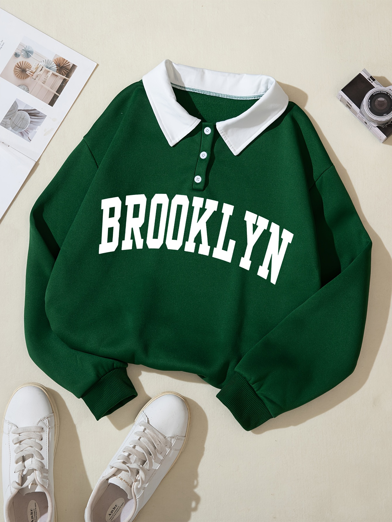 Women'S Stylish Brooklyn Graphic Sweatshirt - Green with White Lettering, Long Sleeve, Button-Up Collar, Casual Pullover for Fall & Winter, Casual Wear | Buttonup Sweatshirt | Construction