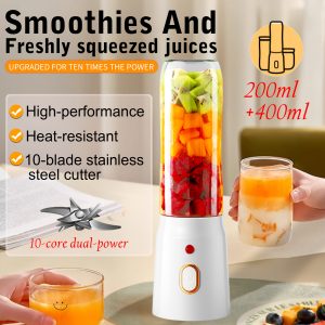Electric Juicer - Portable USB Rechargeable Blender, Manual Juicer for Smoothies, Slushies, and Juices, 400+200ml Travel Bottle, One-Click Operation, Multifunctional Dual Cup Set, Perfect for Home, Gym, Students, Dorms, Offices, and Outdoor Use