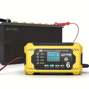 COREBOX 12V 6A Smart Battery Charger with LCD Display, 12V 6A Fast/Trickle Charger, Overcharge/Overheat/Short Circuit/Reverse Polarity Protection, Automatic Switch Mode, Microprocessor Controlled, Compatible with AGM/GEL/SLA/Wet/EFB Batteries, 4-100Ah Capacity, EU Plug (110-240V) for Car, Truck, Motorcycle, Lawn Mower, Marine, RV, Boat, Solar Systems - Heavy-Duty Battery Charger, Portable Car Battery Charger, Car Battery Charger Heavy Duty Maintainer, Battery Maintainer,