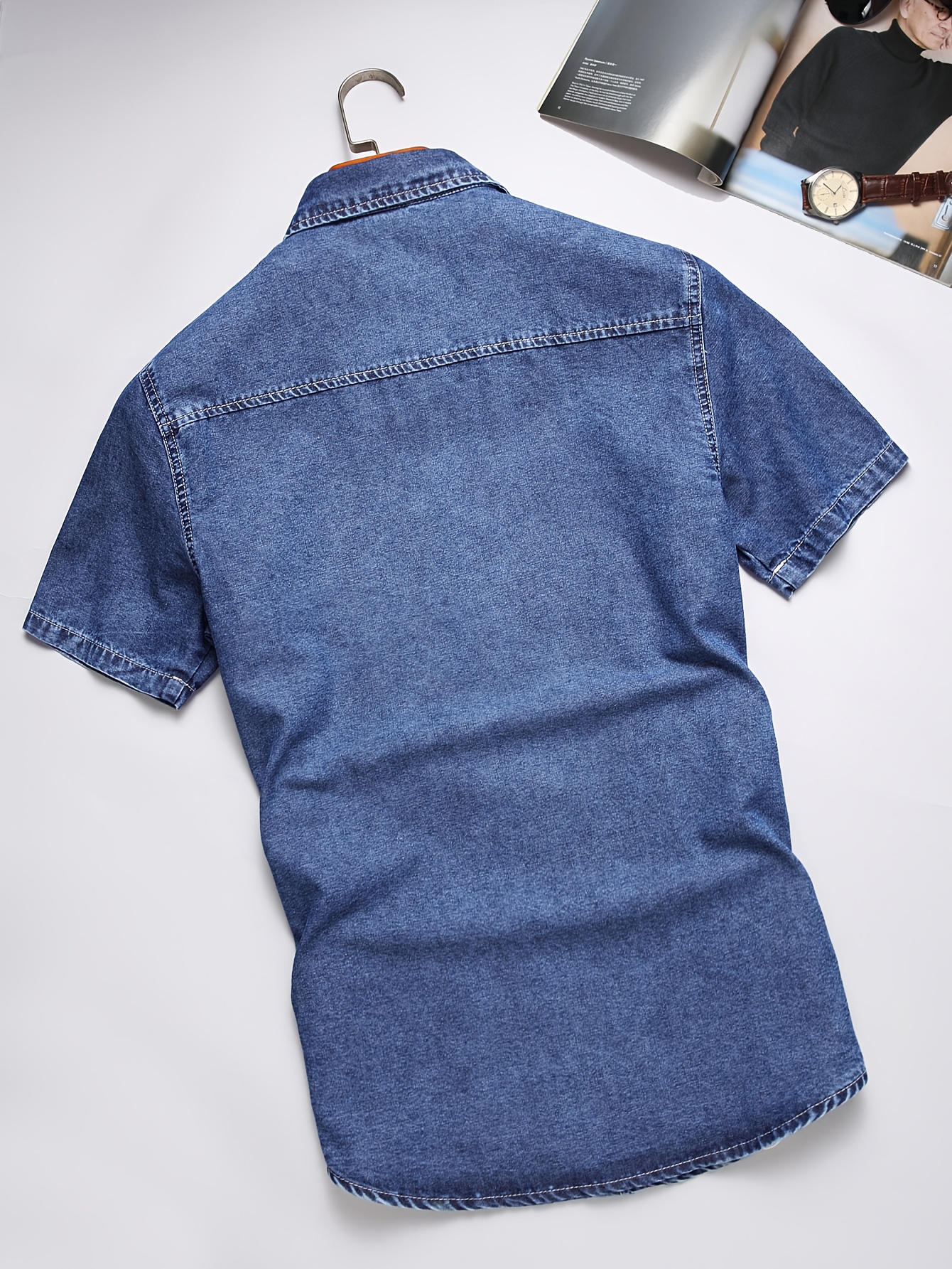 Men's Slim-Fit Light Blue Washed Soft Denim Shirt - Non-Stretch Heavyweight Casual Button- Collar Long Sleeve, Machine Washable Solid Blue for Spring/Autumn, Versatile for Casual & Semi-Formal Outfits - Image 2