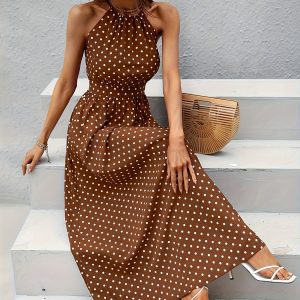 Elegant Polka Dot Midi Dress for Women - Sleeveless, Round Neck with Drawstring Waist, Lightweight Polyester, Perfect for Spring/Summer, Cute Dress
