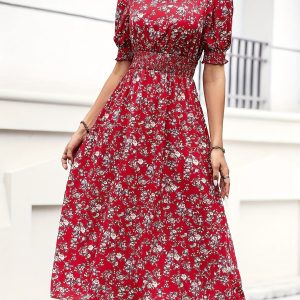 Women'S Floral Print A-Line Midi Dress with Puff Sleeves & Flared Skirt - Red Summer Dress for Vacation, Casual Outings & Casual Attire, Vacation Dress, Fitted Top, Flowy Skirt
