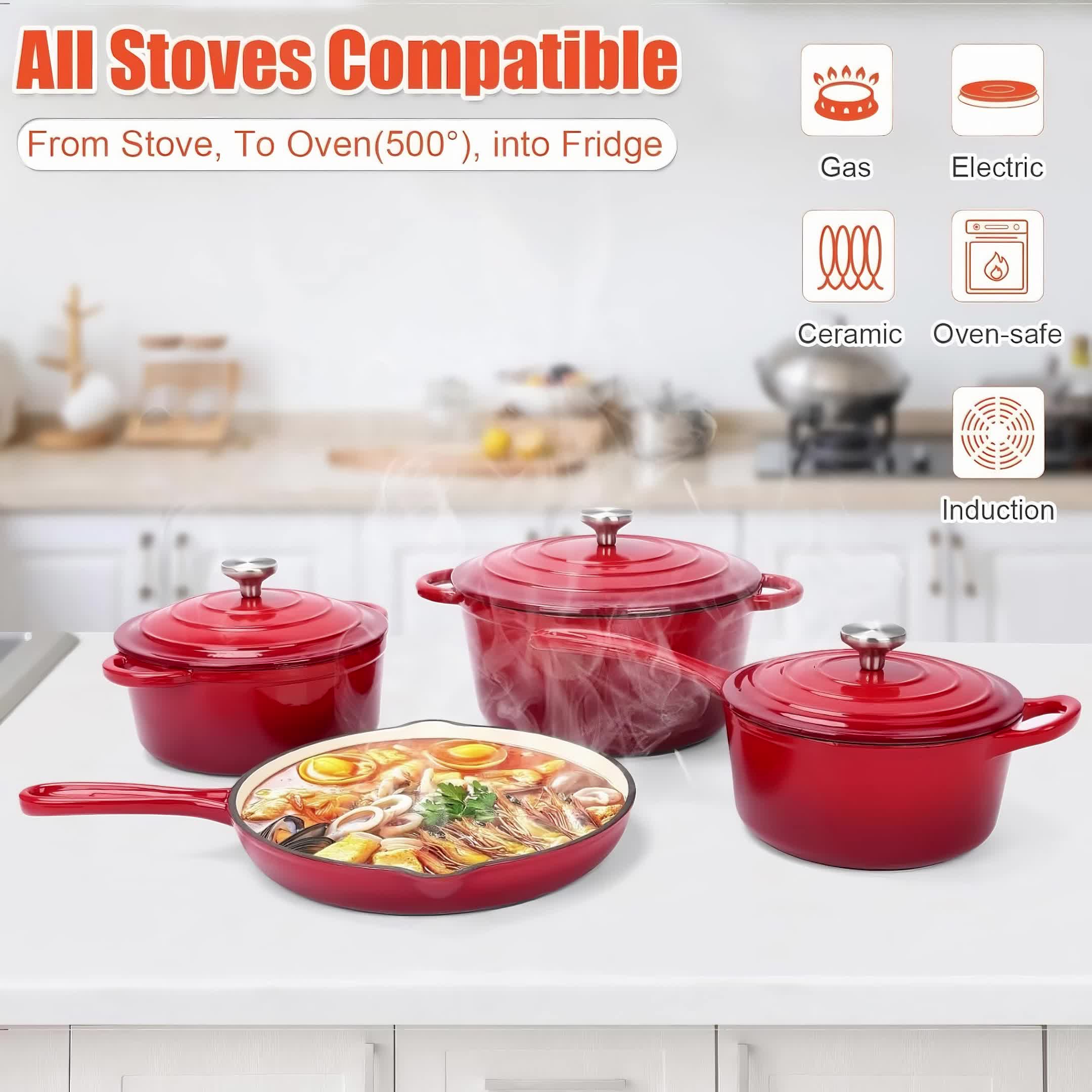 7pcs Chefs Choice Heavy-Duty Cast Iron Cookware Set with Enamel Coating & Lids - Induction Suitable for Oven Safe Nonstick Skillet, Dutch Oven, Pots and Pans Suitable for Kitchen, Campfire, Stovetop, Boiling, Frying, - Image 9
