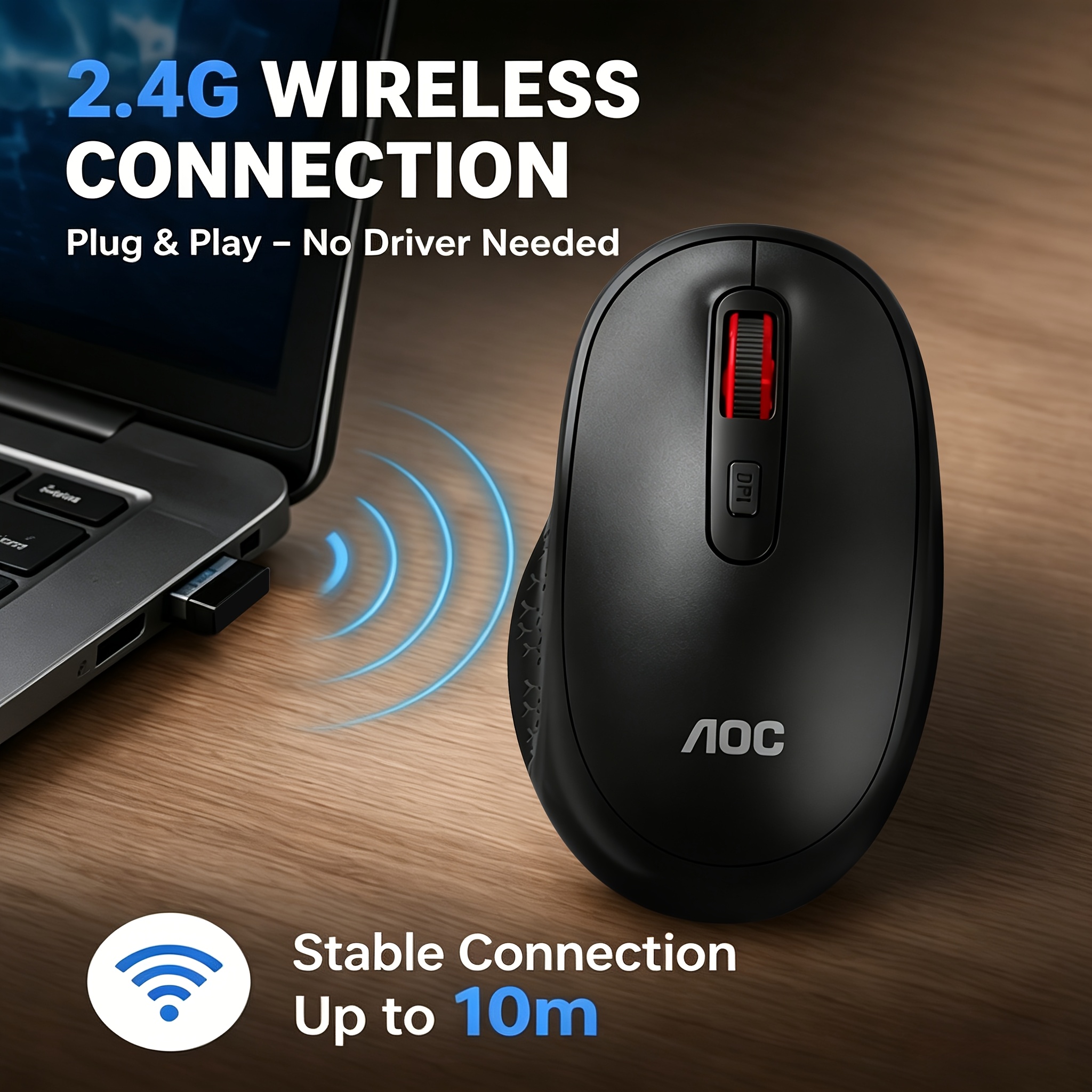 AOC Wireless Mouse 2.4G Silent Office Ergonomic Design, Ultra-Thin Silent Portable USB Optical Gaming Mouse, Christmas Gift, New Year Gift, with USB Receiver, Suitable for PC and Laptop Gaming